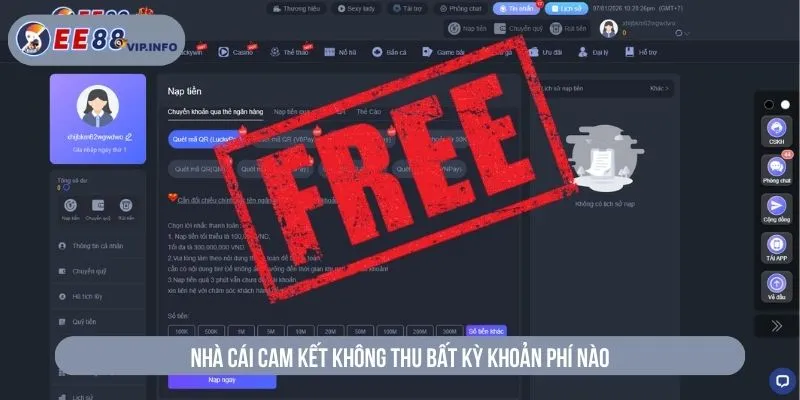 Nhà cái cam kết không thu bất kỳ khoản phí nào